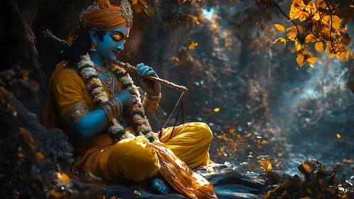 Divine blue figure playing flute amid bokeh-lit forest glade