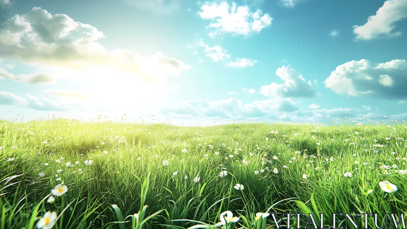 Sunny green meadow with white flowers under blue sky.