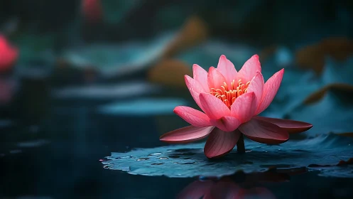 Pink lotus flower is rendered on dark water surface