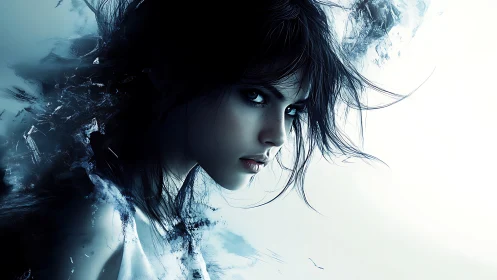 Cybernetic portrait of intense woman in icy blue dispersion