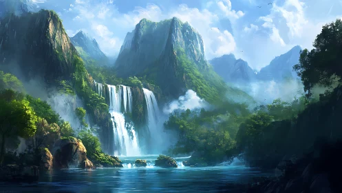 Layered mountain waterfall basin under volumetric daylight atmosphere