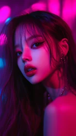 Female portrait in neon magenta and blue studio lighting.