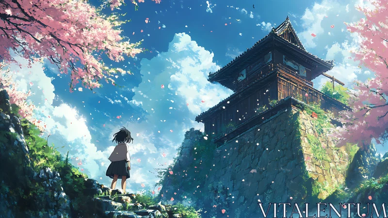 Cherry blossom winds escort a lone dreamer to the skyward keep