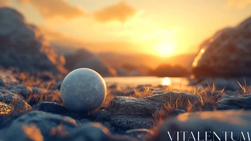 Specular marble sphere amid rocky riverbed at sunset glow.