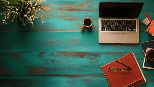 Workspace layout on teal wooden desk with laptop and coffee.