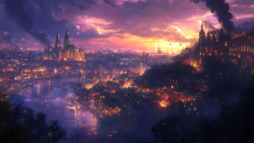 Enchanting riverside city glowing under a dreamy sunset.