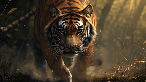 Tiger moving through forest in low warm light hunting.