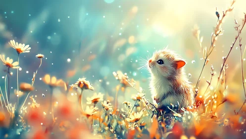 Daydreaming meadow mouse in sparkling pastel sunrise glow.