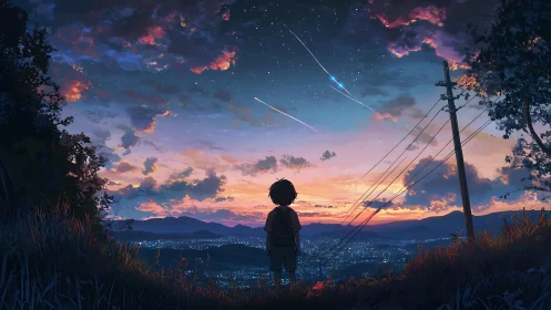 Child watches twilight meteor shower above glowing city
