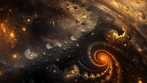 Golden spiral galaxies swirling through a dreamy cosmos.