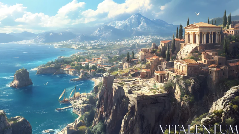 Sunlit classical cliffside polis above cerulean Mediterranean bay