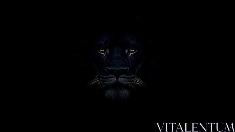 Midnight lion portrait glows from deep shadowed darkness.