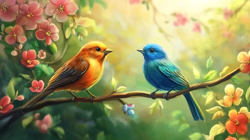 Vibrant Red and Blue Birds on Flowering Branch, Digital Painting.