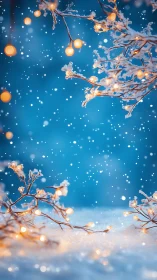 Snowy winter branches with warm glowing string lights.