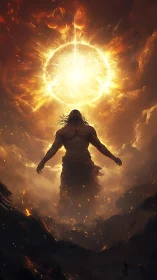 Radiant fire titan rising beneath a blazing newborn sun.