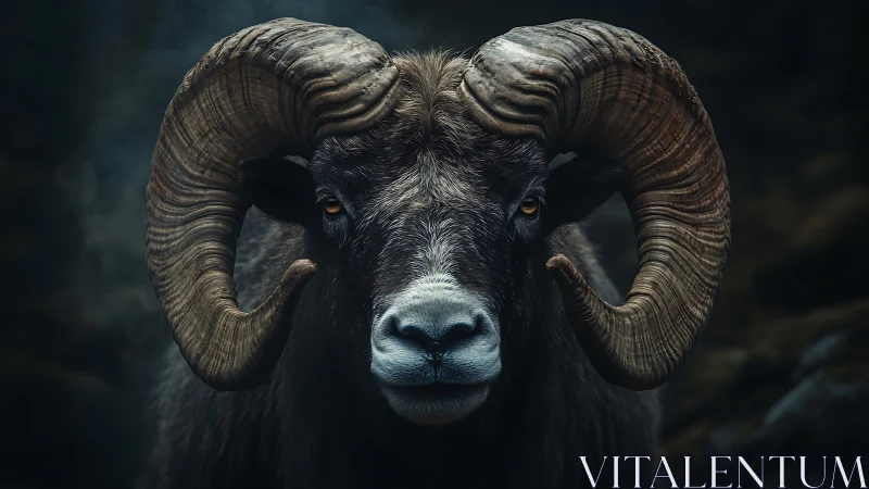 Stoic mountain ram portrait under moody low key lighting.