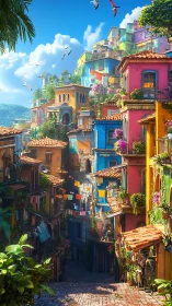 Colorful hillside town street glows under bright tropical sky