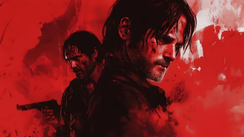 Digital painting portrait of armed man in red monochrome field.