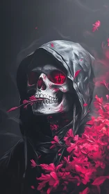 Hooded crimson reaper amid luminous scarlet blossoms.