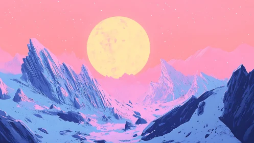 Neon-lit alien ice valley under oversized pale yellow star