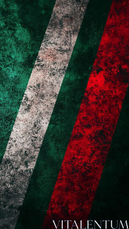 Diagonal tricolor bands overlay a textured grunge surface