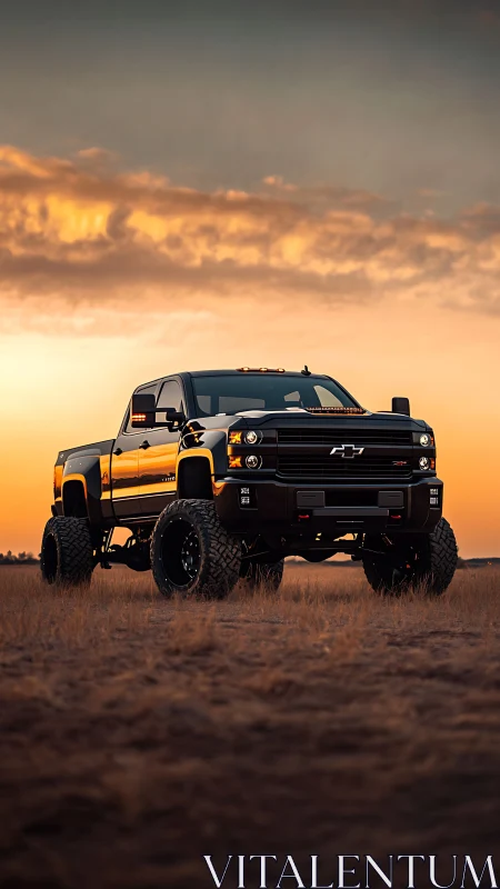 Lifted black Chevy truck dominates sunset prairie horizon