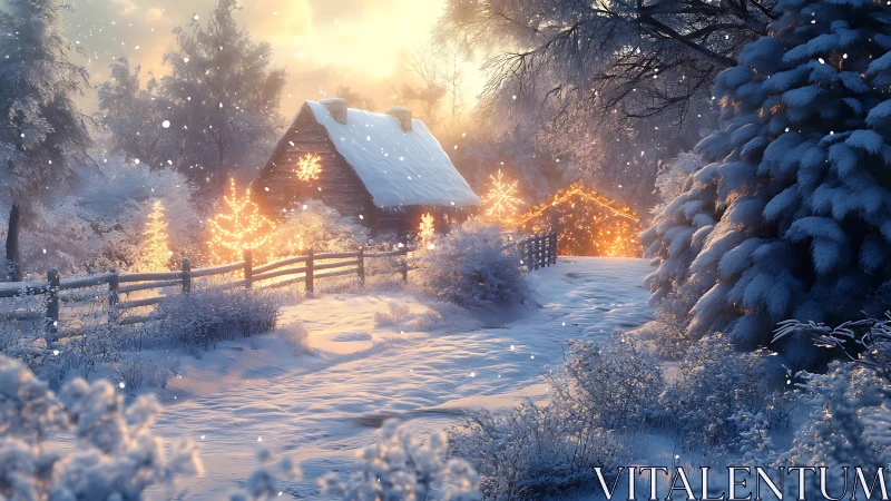 Snow-covered cabin displays warm bokeh lights in diffuse backlit snowfall