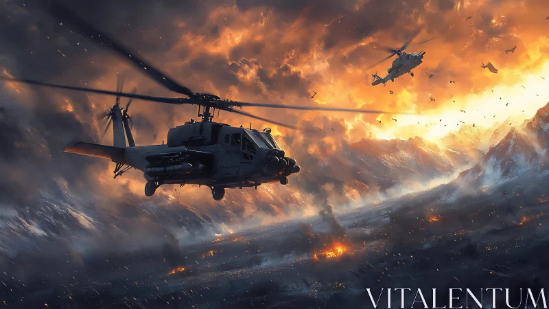 Combat helicopters over burning battlefield at dusk sky.