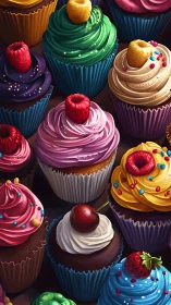 Vibrant Digital Cupcakes Overflowing with Colorful Frosting and Fresh Fruit