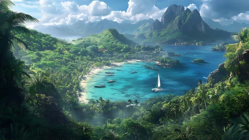 Tropical Island Bay with Moored Vessels and Mountainous Peaks.
