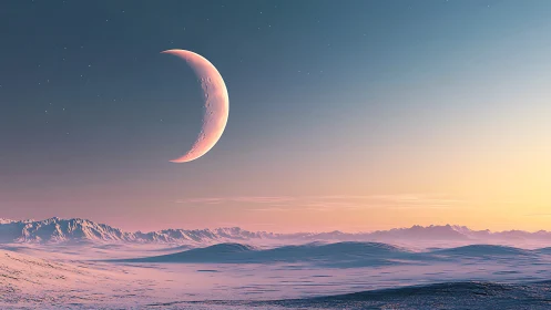 Crescent moon over pastel snow landscape at polar dusk.