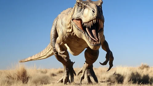 Desert thunder: a roaring T. rex charging the open plains.