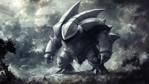 Armored titan strides through desaturated storm landscape