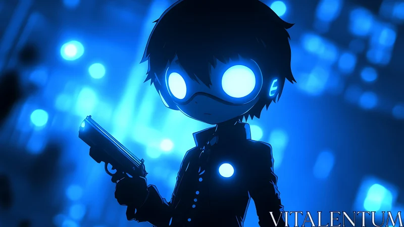 Glow-eyed cyber kid stands calm in a dreamy neon night.