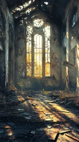Sunlit ruins reclaim a forgotten chapel of broken glass.