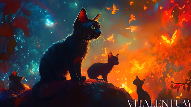 Feline Dynasty Silhouetted Against Chromatic Inferno