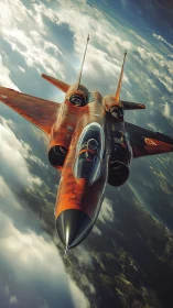 Red twin‑engine jet fighter climbs through broken clouds