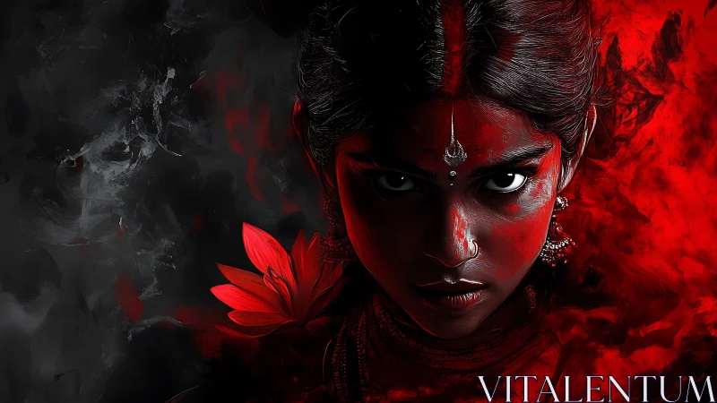 Fierce-eyed goddess rises from smoke and crimson embers