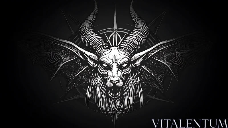Demonic goat skull with horns and wings on dark background.
