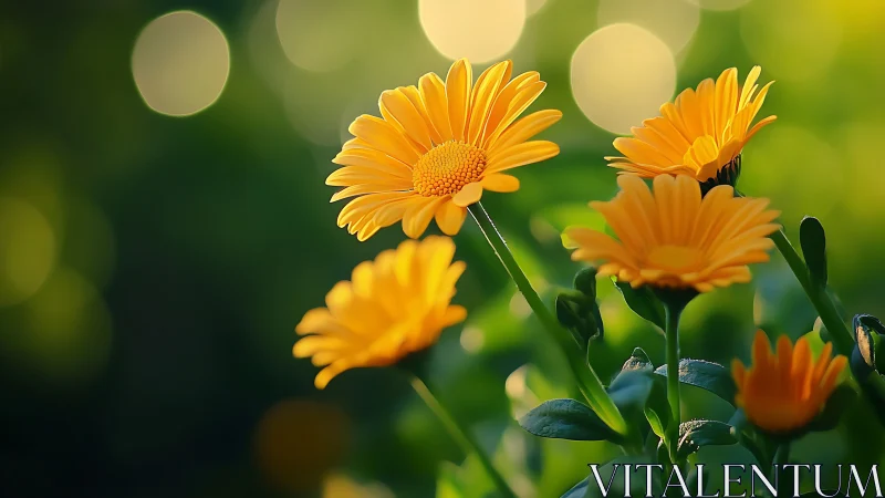Golden Gerbera Daisies in Soft Green Garden Light.