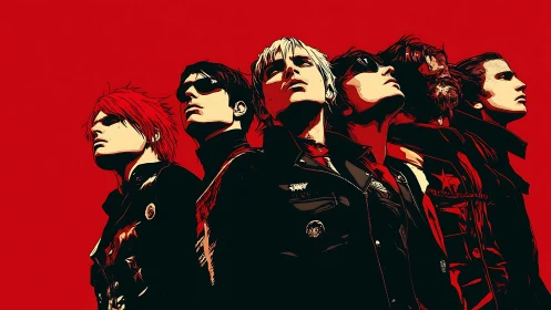 Stylized portrait of six people in black coats on red field.