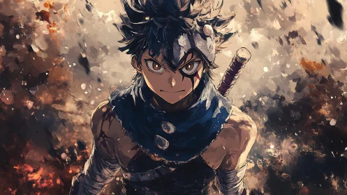 Battle-scarred anime warrior strides through ember-streaked chaos.