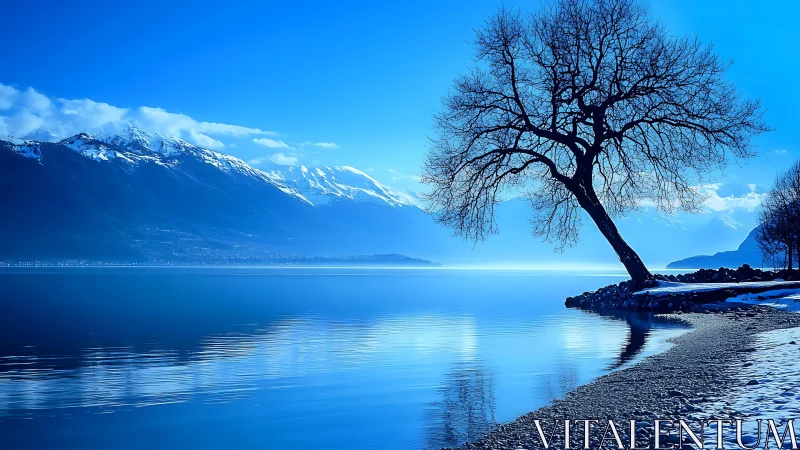 Quiet blue lakeshore rests beneath snowy mountain heights