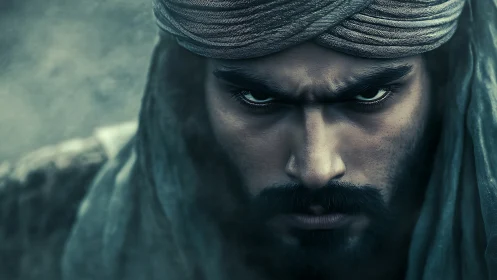 Close human portrait shows turbaned man with intense gaze