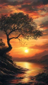 Sunset over river with silhouetted tree and distant hills.