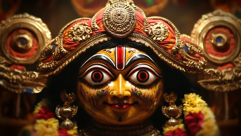 Vibrant Hindu goddess mask glows amid ornate golden ornaments