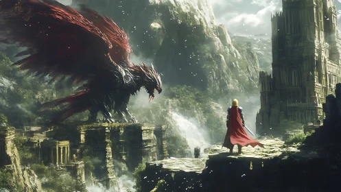 Armored wyvern confronts caped warrior amid eroded cliff ruins