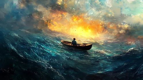 Lone dreamer rows toward a burning watercolor horizon.