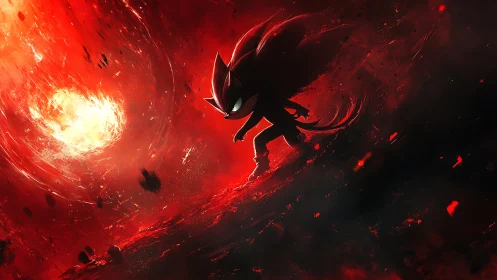 Shadowed hedgehog silhouette strides through burning vortex