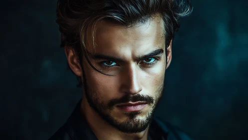 Intense blue-eyed portrait captures brooding masculine power